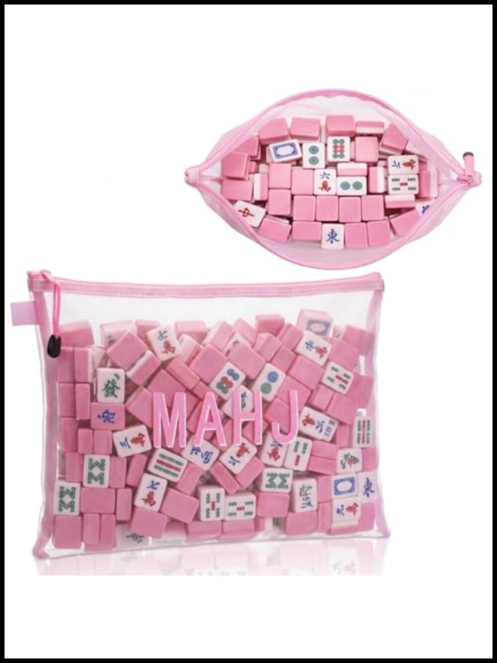 Mahjong Tile Bag Clear Mesh Storage Case Zippered Pink, 9.45 x 13.19